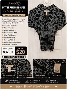 dressbarn Black & White Patterned Wrap Blouse with Belt